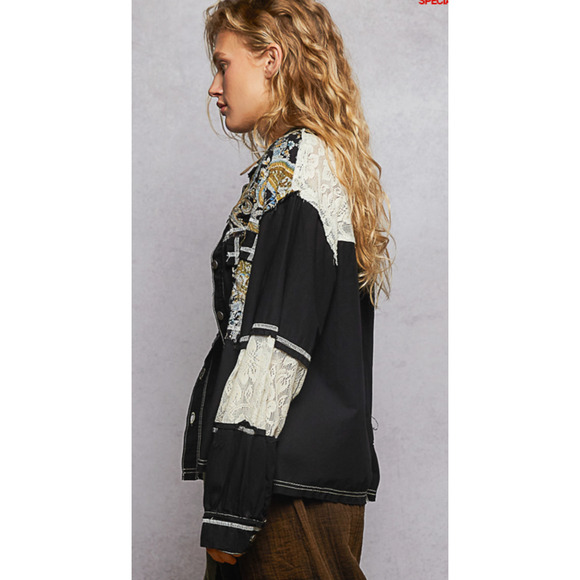 POL Size Medium Button Down Black Paisley Jacket Lace Detal Long Baloon Sleeve - Picture 3 of 5